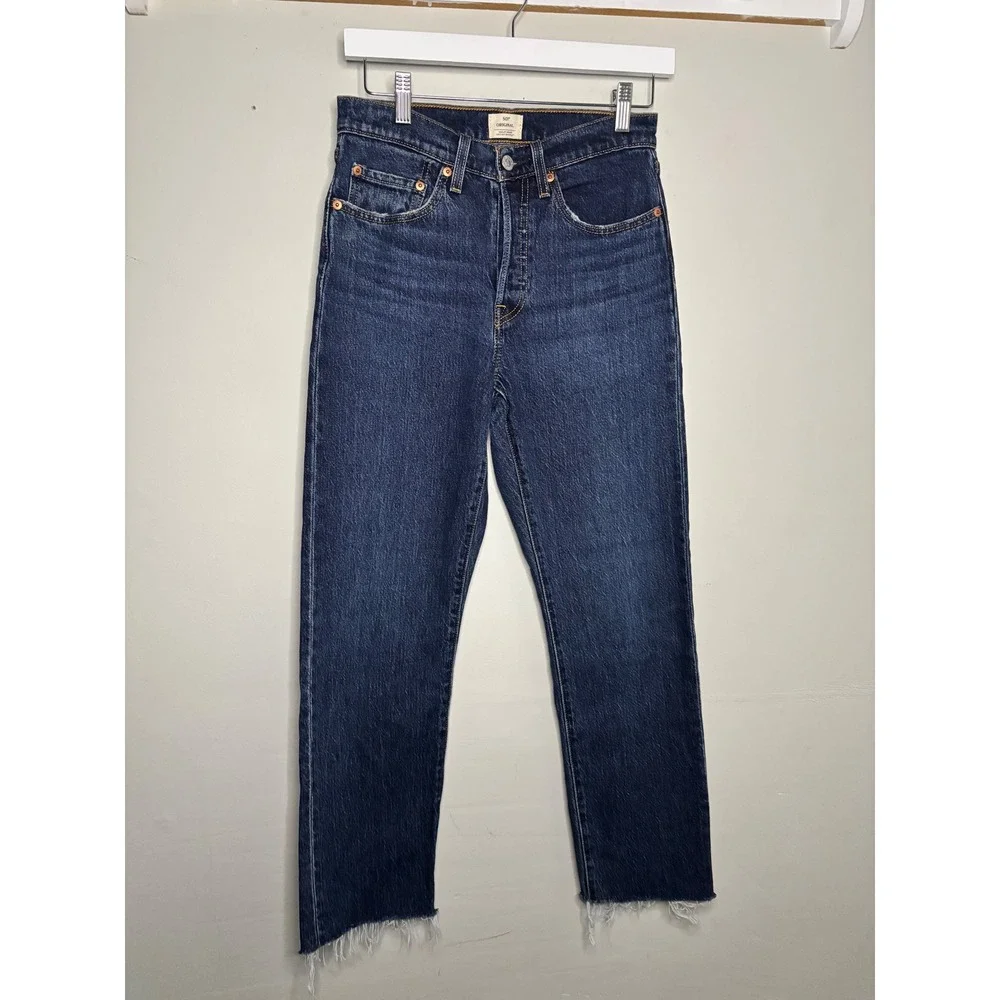 Levis 501 High Rise Straight Leg Jeans 26 Raw Hem Classic Denim Y2K